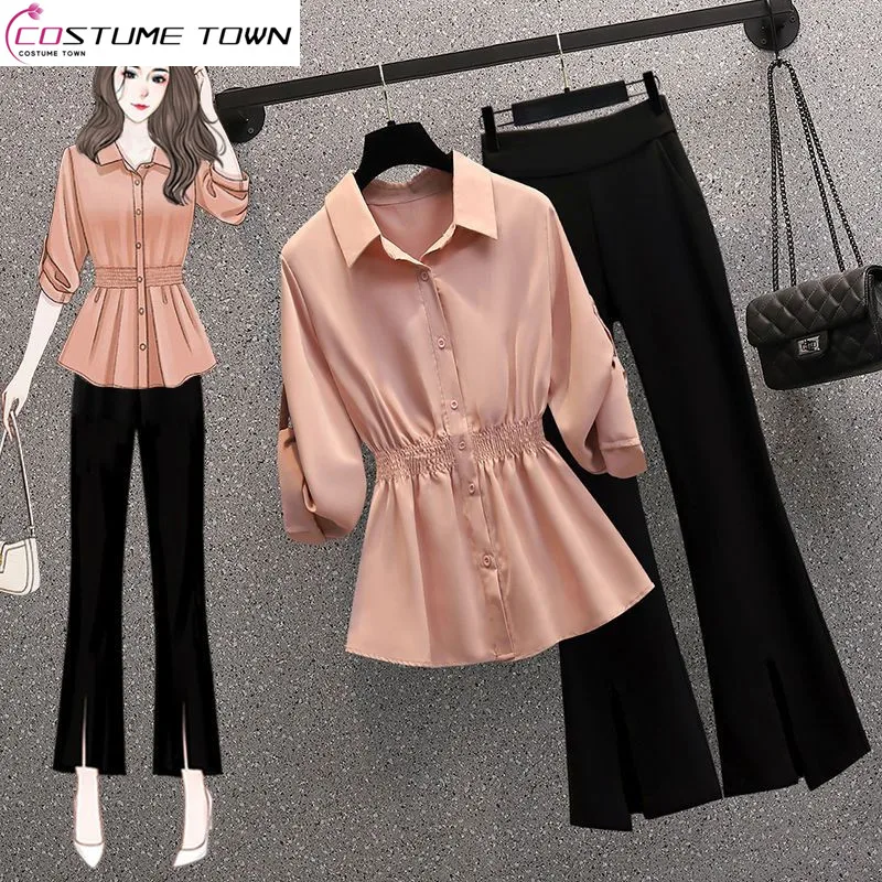 Summer Drawcord Pleated Chiffon Shirt Casual Wide Leg Pants Two-piece Elegant Women Pants Suit Street Casual Outfits for 2023