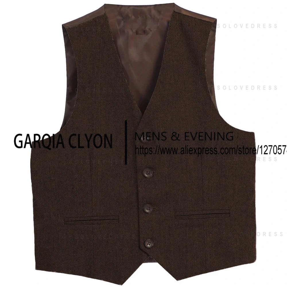 Men's Suits Vests Deep V Neck Simple Herringbone Tweed Slim Fit Single Breasted Business Men's  Waistcoat  For Wedding 4