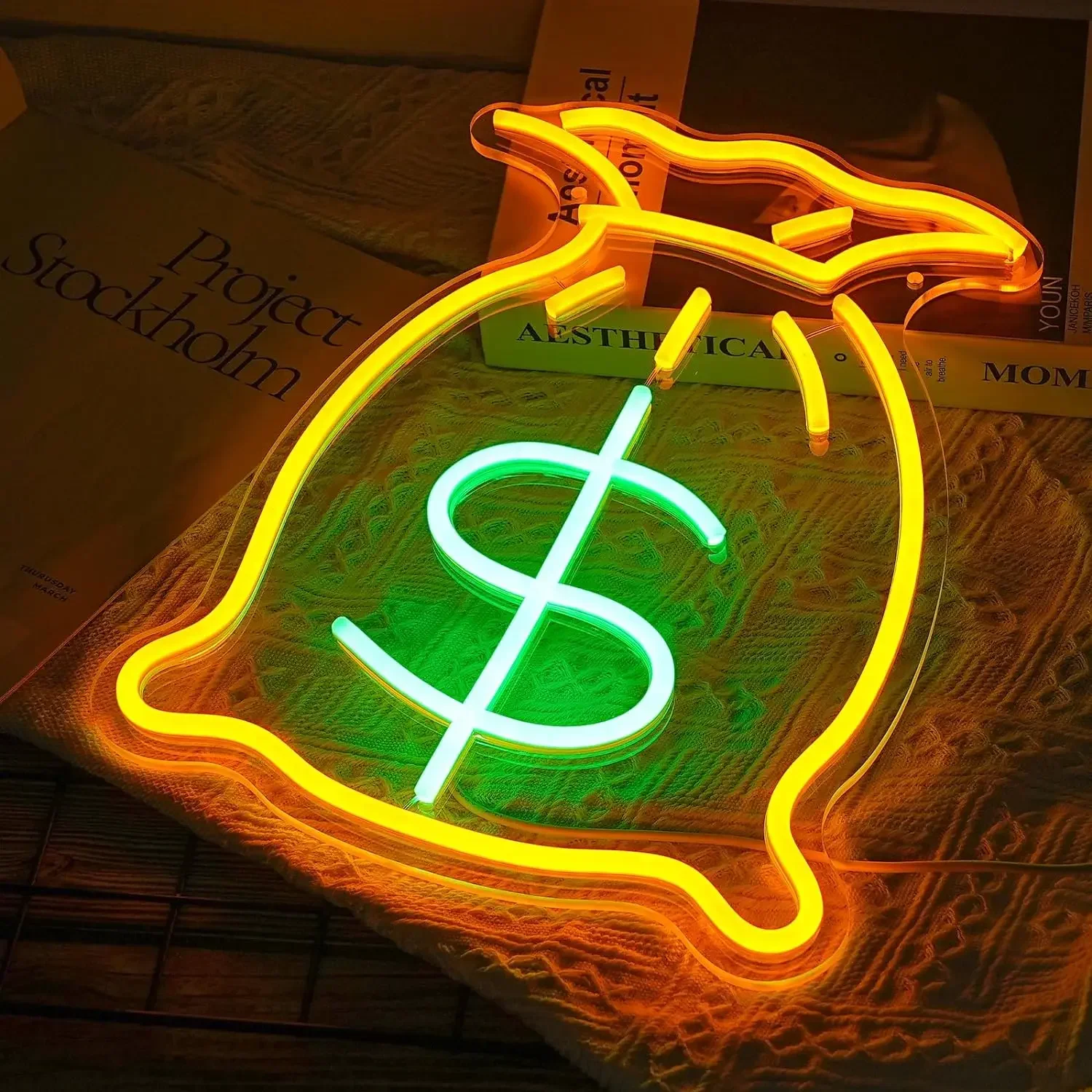 Description Picture 3 of itemBag Of Money Neon Sign For Wall Decor Golden LED Neon Light Living Game Room Decor For Bedroom Office Restaurant Bar Shop Party