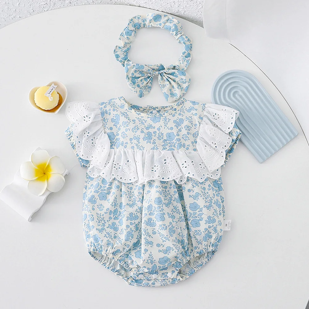 2024 Summer Baby Girl Sister Look Muslin Lace Collar Loose Short Sleeve Infant Girl Romper Floral Full Print Toddler Girl Dress