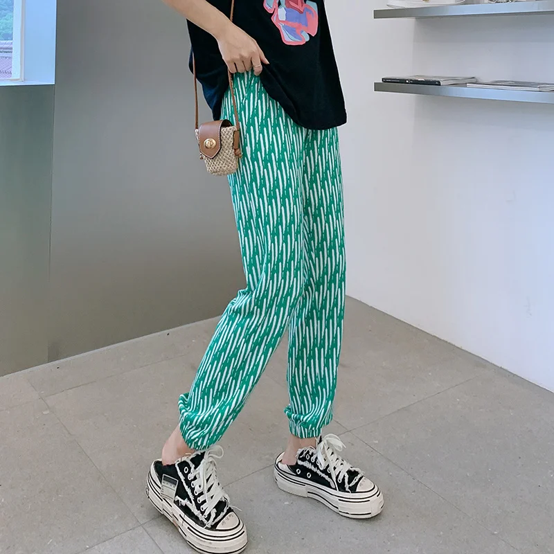 Women's Spring Autumn Elastic High Waisted Printed Geometric Pattern Stripes Casual Loose Harlan Lantern Trousers Fashion Pants