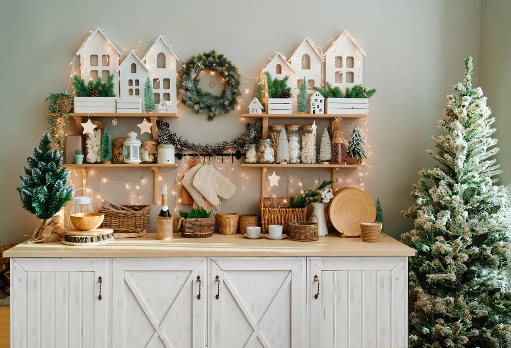 MEHOFOND クリスマステーマ 写真背景 キッチン写真 背景 松の木 バナー クリスマス 家族 ホリデー 誕生日 デコレーション 写真撮影 小道具