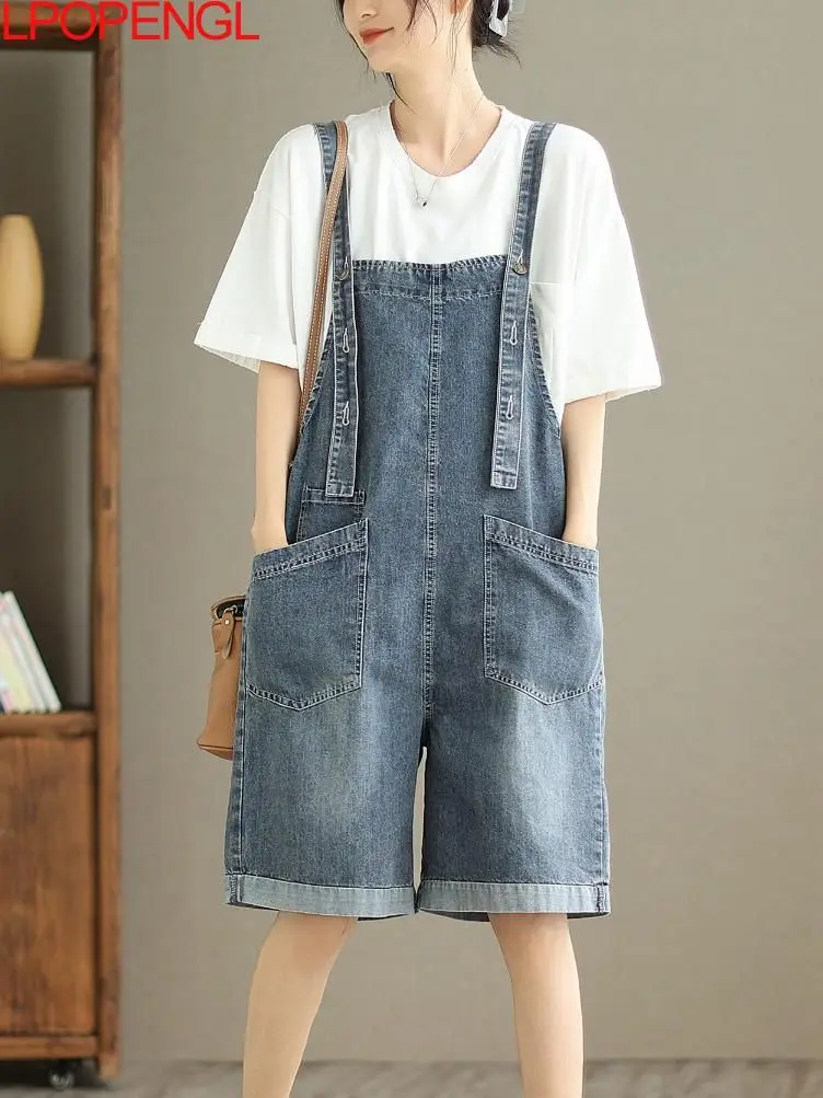 

Streetwear Solid Color Artistic Denim Overalls Women's Summer Fashion Sleeveless Adjustable Wide Leg Straight Knee Length Shorts