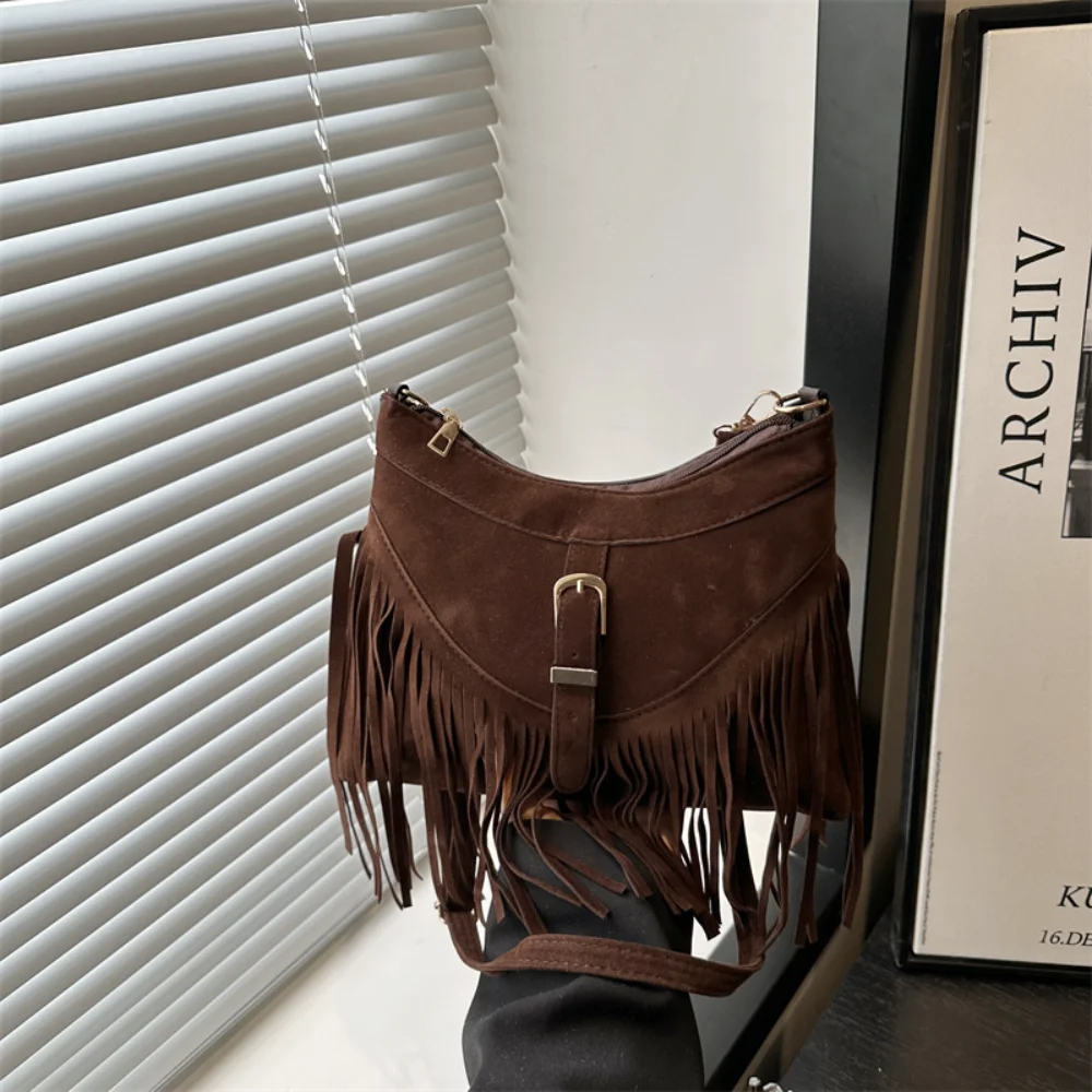 Casual Korean Style Tassel Shoulder Bag Solid Color PU Leather Suede Handbag Ethnic Style Bohemian Style Underarm Packs Travel