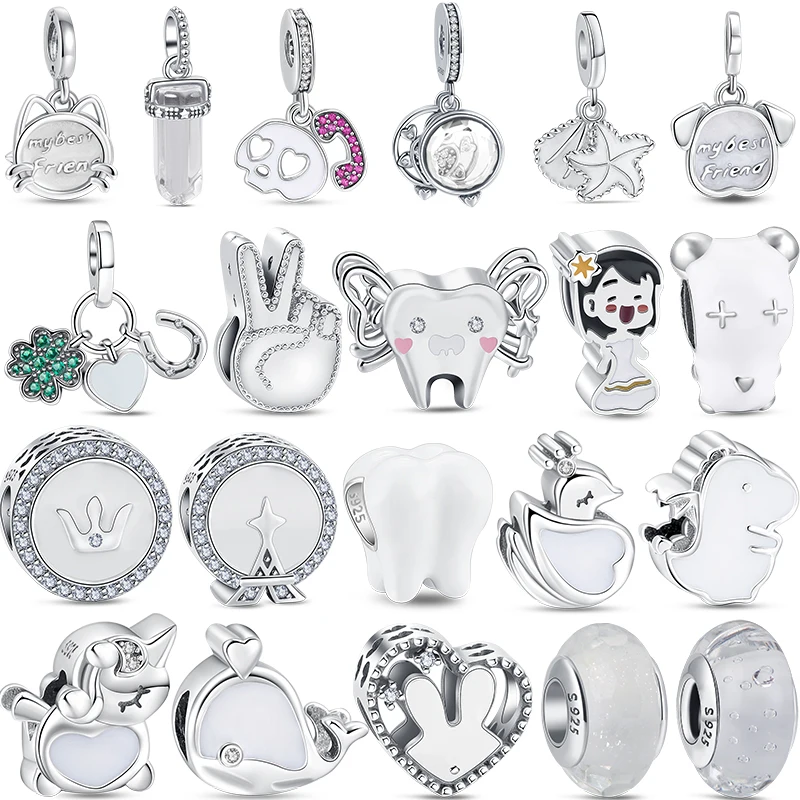 New Fine 925 Sterling Silver White Series Charms Tooth Unicorn Four Leaf Clover Beads Fit Original Pandora Bracciale Pendenti Fai Da Te