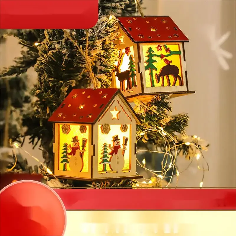 

New Christmas Decoration Glow Wooden House Snowman Creative Christmas Tree Decoration Holiday Glow Wooden Pendan