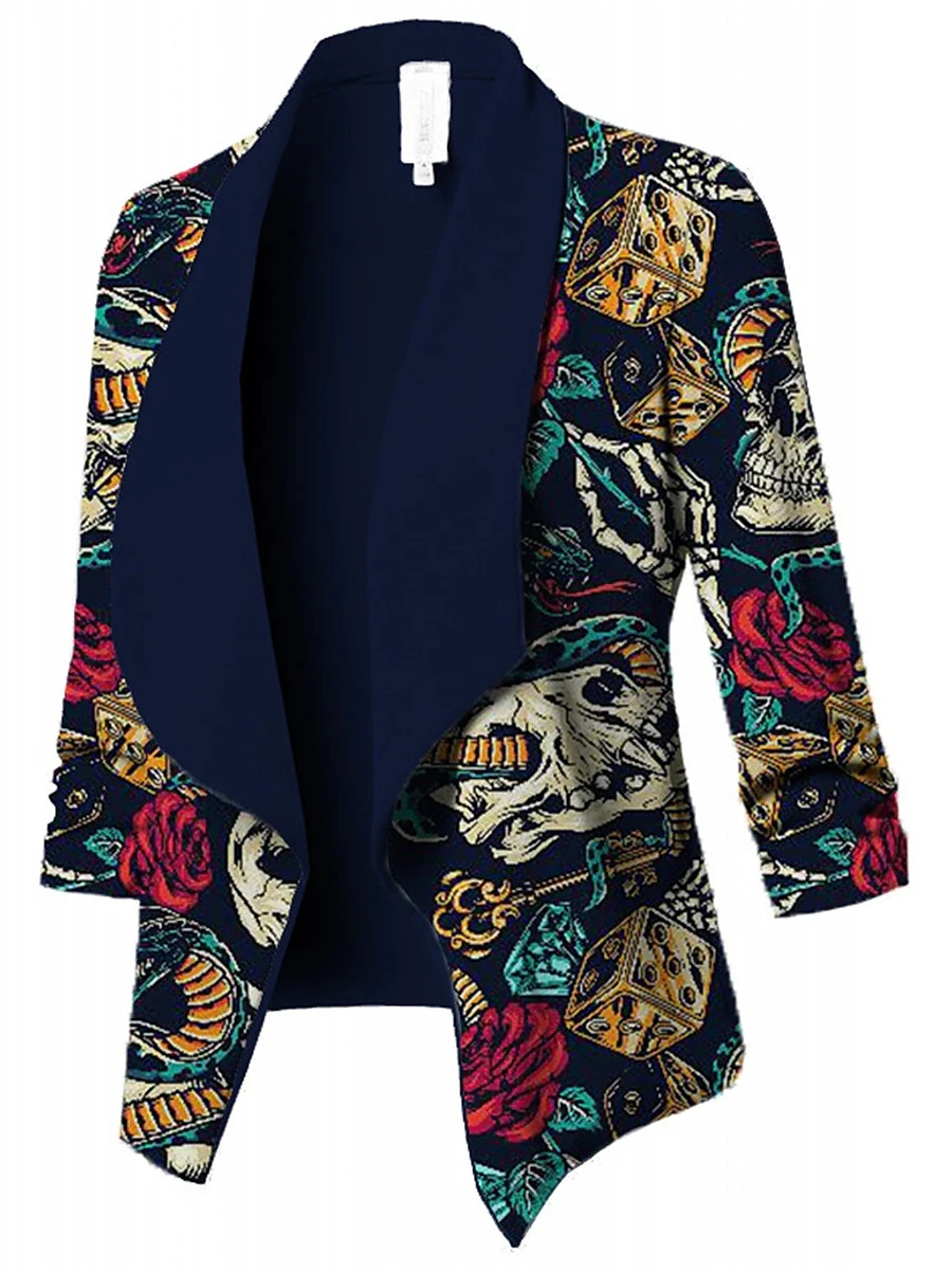 Women's Blazer Halloween Ghost Print Suits Coat Skull Party Cosplay Open Front Short Cardigan Fashion Regular Fit Outerwear