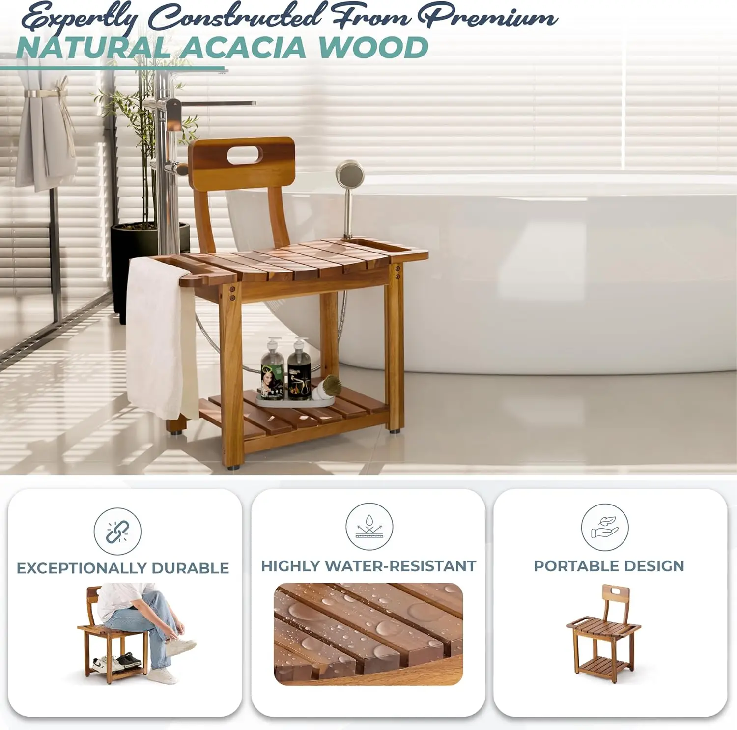 23.4'' Shower Chair with Backrest Bath Chair for Inside Shower or Tub, Supports Up to 450 lbs, Heavy Duty Design