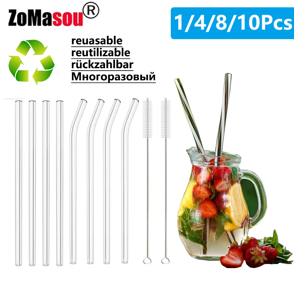 Eco-Friendly Reusable Glass Drinking Straws with Cleaning Brushes - Perfect for Smoothies, Milkshakes, Cocktails, and Party Bar Accessories