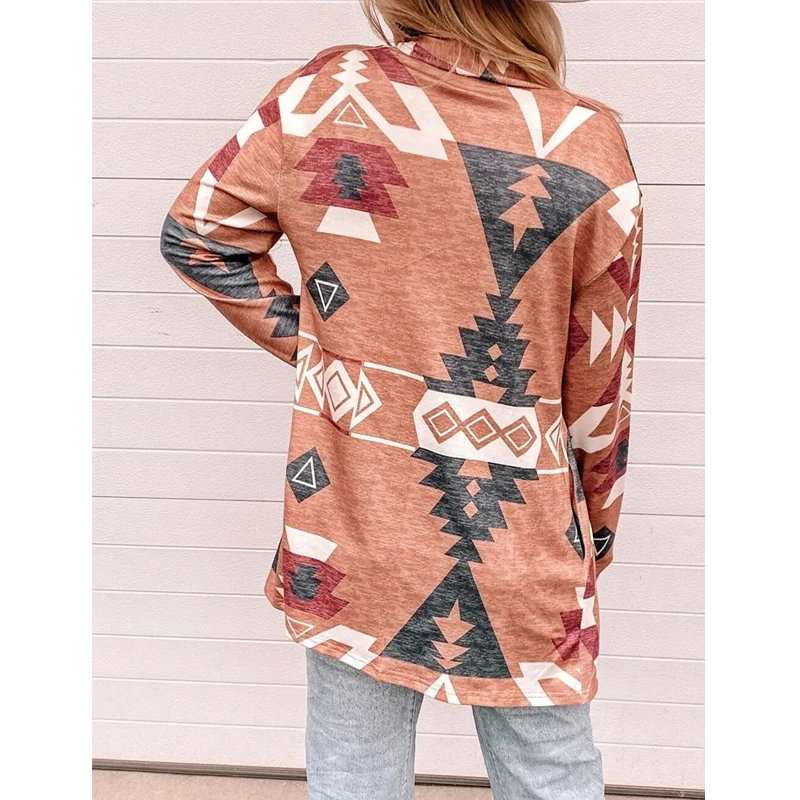 Women Clothes Vintage Geometric Print Tunic Cardigan Jacket 2023 Autumn Fashion Casual Streetwear V Neck Long Sleeve Loose Coats