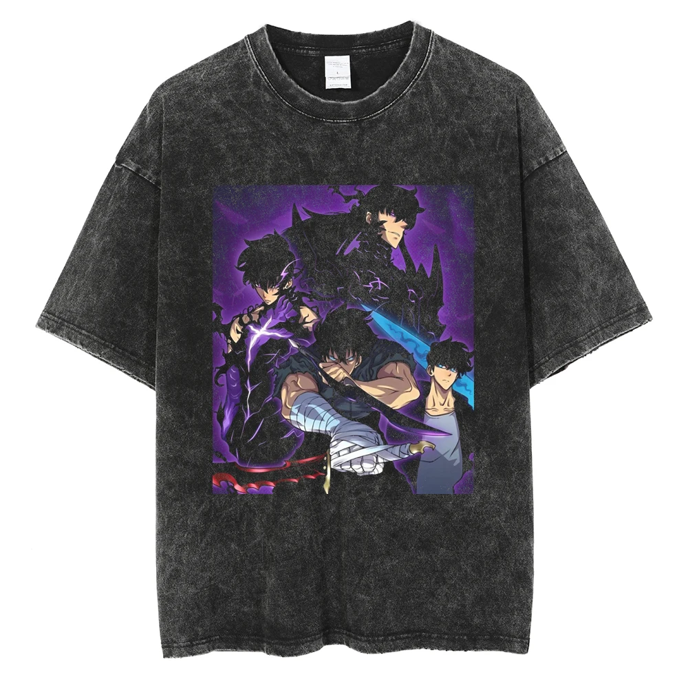 Männer Frauen Vintage Gewaschene Baumwolle T Shirt Streetwear Anime Solo Nivellierung Grafik Drucken Tops Harajuku Lose Kurzarm T-shirts – Detail 14
