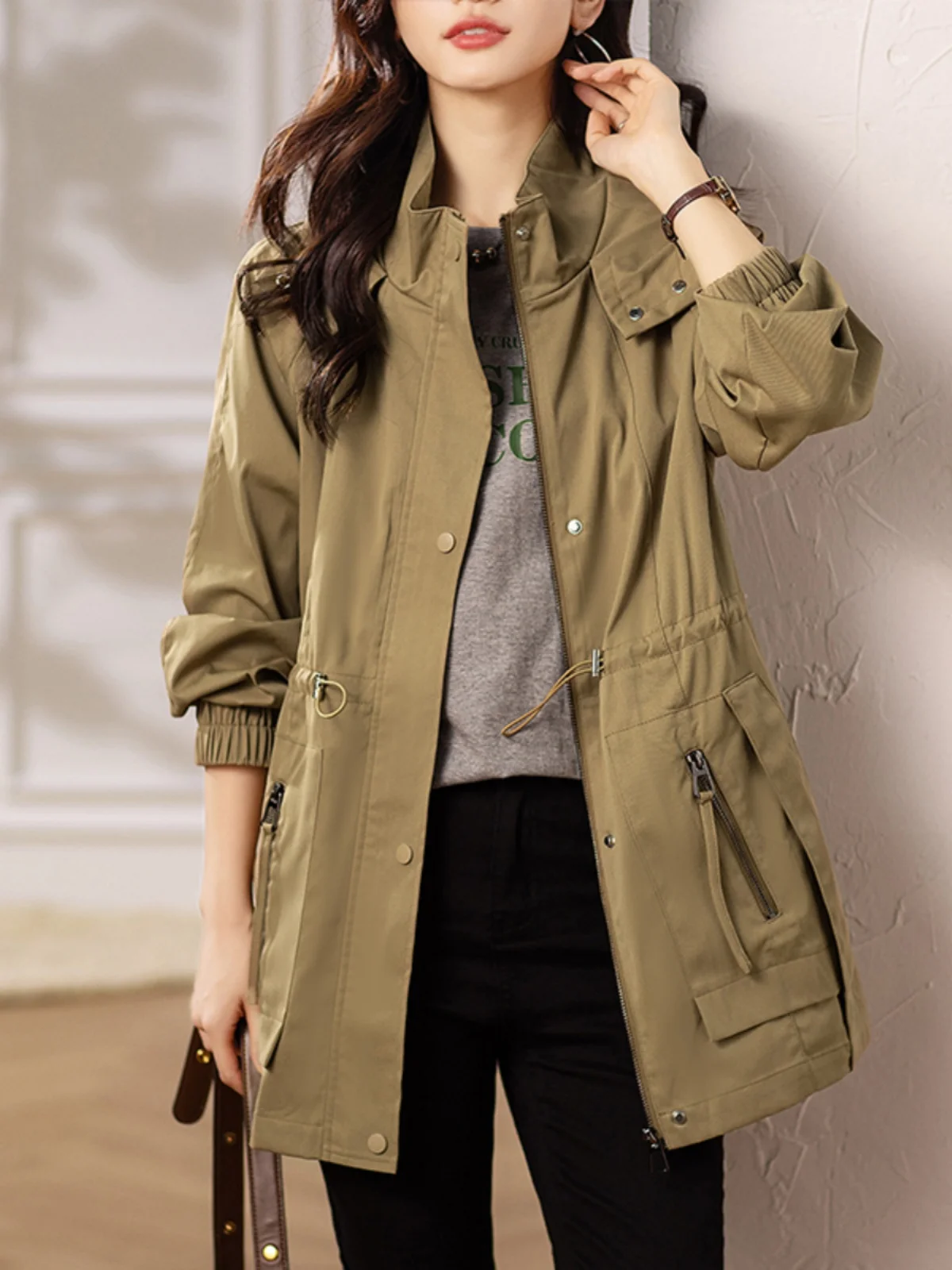 

SuperAen 2024 Spring Fashion Retro Workwear Retro Coat Stand Up Neck Zipper Button Spliced Loose Jacket Coat