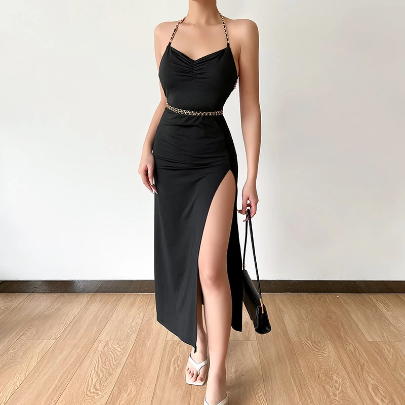 Lace Up Belt Chain Halter Midi Dress Backless Side Slit Bodycon Sexy Streetwear Party Club Elegant 2022 Summer Clothes evening dresses