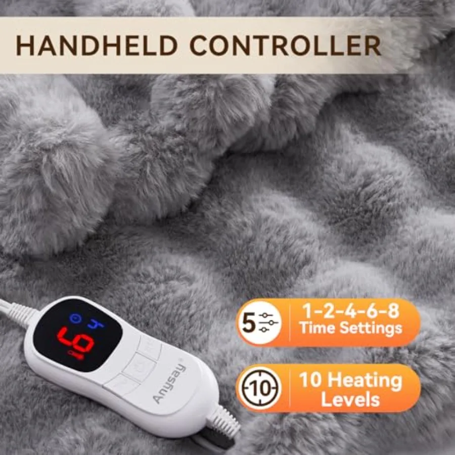 Cozy Faux Rabbit Fur Heated Blanket Throw 50'' x 60'' with 1 2 4 6 8 Hours AutoOff Feature 10 Adjustable Heat Levels Builtin Ov