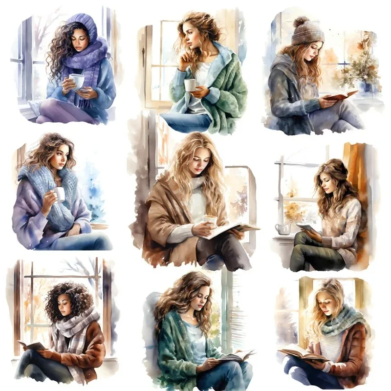 Bequeme Fenster für Mädchen, die Bücher lesen und Kaffee-Papieraufkleber trinken – DIY-Planer-Dekorationsmaterial, Scrapbooking