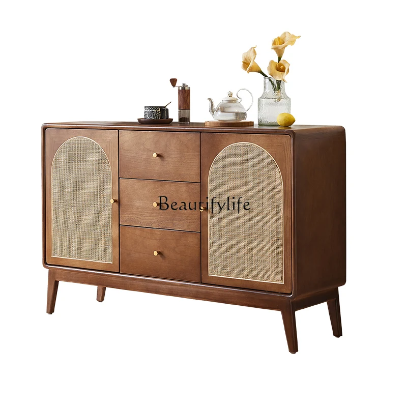 

Retro Solid Wood Sideboard Small Apartment Living Room Simple Rattan Storage Home Storage Storage Cabinet