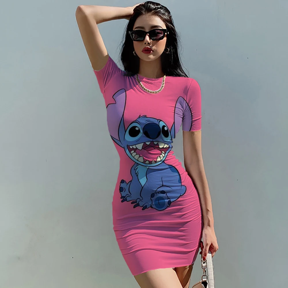 

Summer New Disney Stitch Short Sleeve Graphic T-Shirt Skinny Pencil Slim Dress Ladies Print Casual Bag Hip Skirt Women