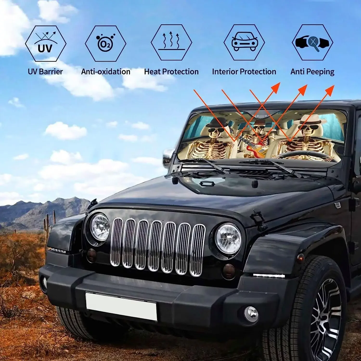 Gentle Skull Front Windshield Sun Shade Accordion Folding Auto Sunshade for Car Truck SUV Blocks UV Rays Sun Visor Protector