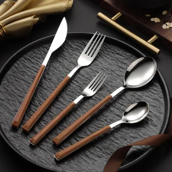 304 Stainless Steel Tableware with Wooden Handle Spoon Steak Knife Fork Teaspoons for Home Kitchen Dinnerware Cutlery Utensils 4