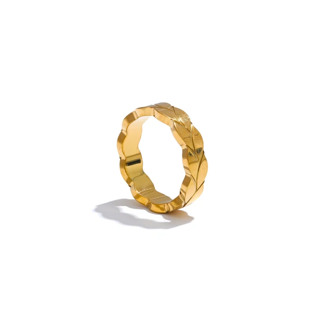 Yhpup 6789# 18K Gold Color PVD Plated Stainless Steel Metal Striped Leaf Ring Accessories Minimalist Fashion Jewelry New