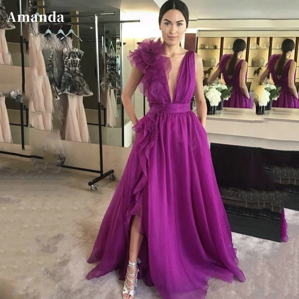 Amanda Purple V-neck Prom Dress 2023 فستان سهرة  Sleeveless Vestido De Novia Organza Prom Gown Hydrangea Ball Party Dress