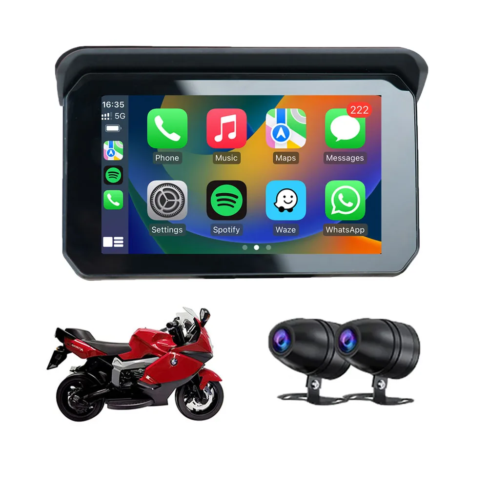Portable 5"IP68 Universal Wireless Motorcycle Navigator Waterproof Carplay Screen Android Auto BT TPMS Camera For Motorbike