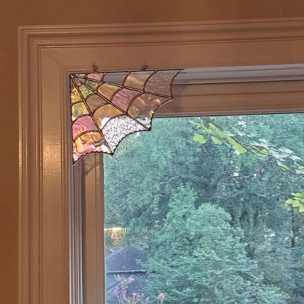 20x18cm Creative Spider Web Door Top Halloween Corner Spider Colored Glass For Home Window Hang Bedroom Living Room Door