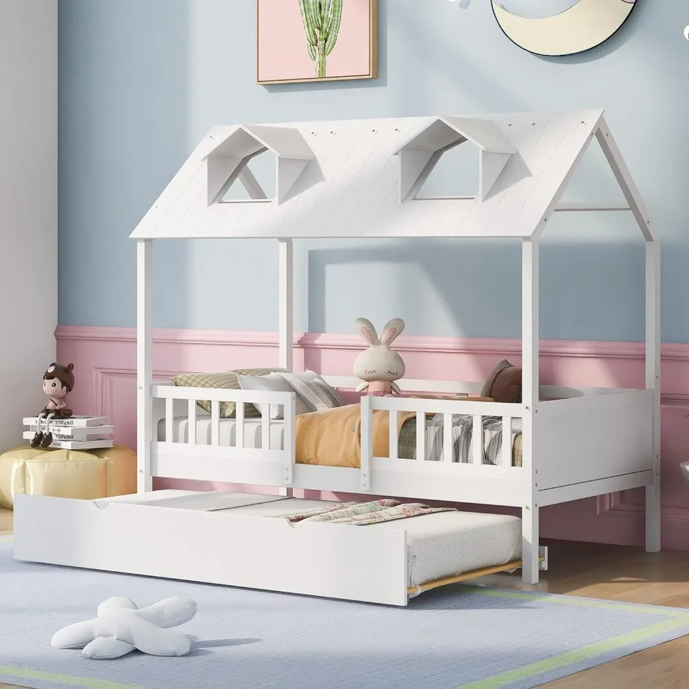 

Twin Size House Bed Wood Bed with Twin Size Trundle, Wood Sofa Frame with Roof and Safety Fence, Platform Bed for Kids