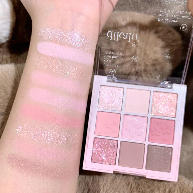 New Nine-color Eyeshadow Palette Rose Pink Nude Brown Low Saturation Pearly Matte Glitter Eye Shadow Long-lasting Eye Makeup 2