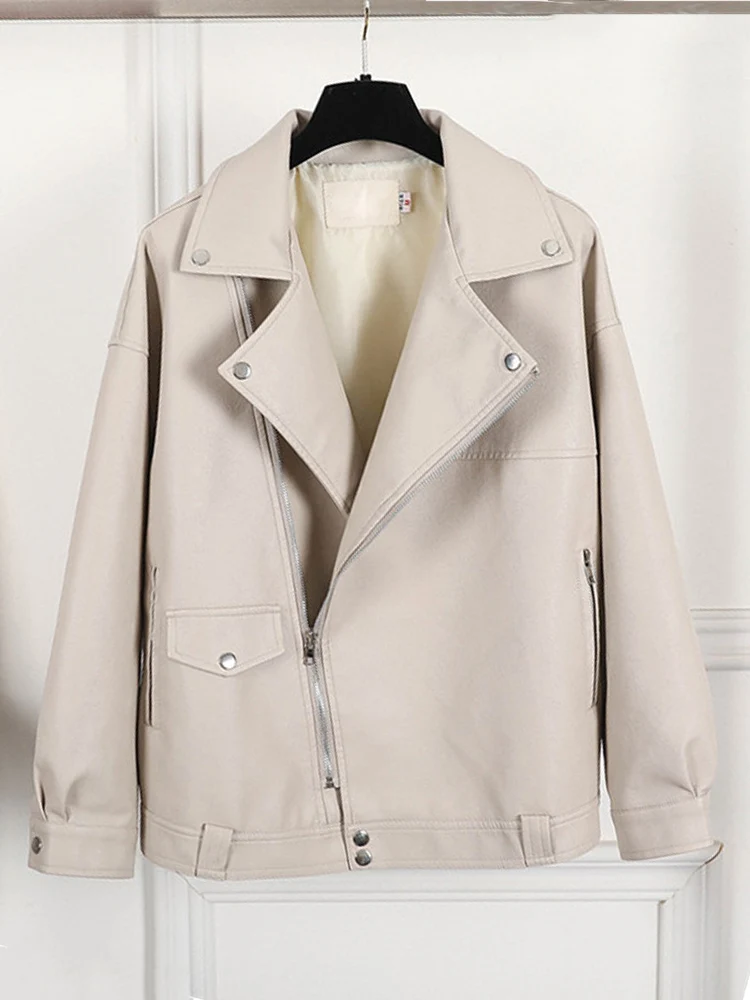 Sungtin Autumn New Beige Faux Leather Jacket Women Casual