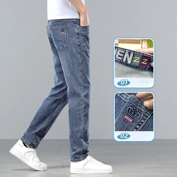  Brand Clothing Spring Summer Slim Men's Jeans Casual Breathable Cotton Fabric Stretch Denim Pants Blue Trousers Male Plus Size 1