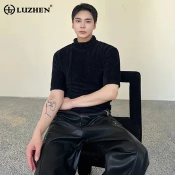 LUZHEN 남성용 우아한 솔리드 컬러 브러시드 반팔 맨투맨 풀오버, 슬림핏, 트렌디 니트 풀오버, LZ2301, 2024 패션