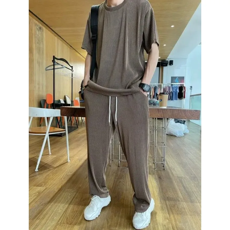 Korean Plain T-shirts Pants Suits for Men Running Jogging Trousers Sets Jogger Korean FashionElastic High Quality Daily Outfits