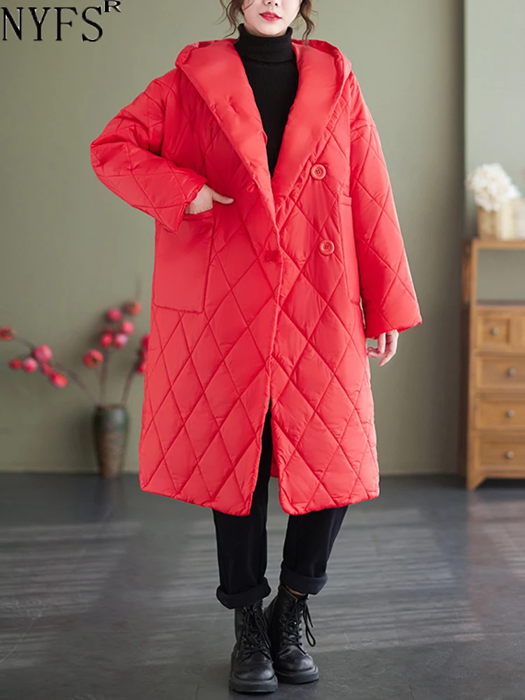 

NYFS 2023 Winter New Women's Jacket Cotton Down Coats Loose Plus Size Hooded Warm Single-breasted Oversized