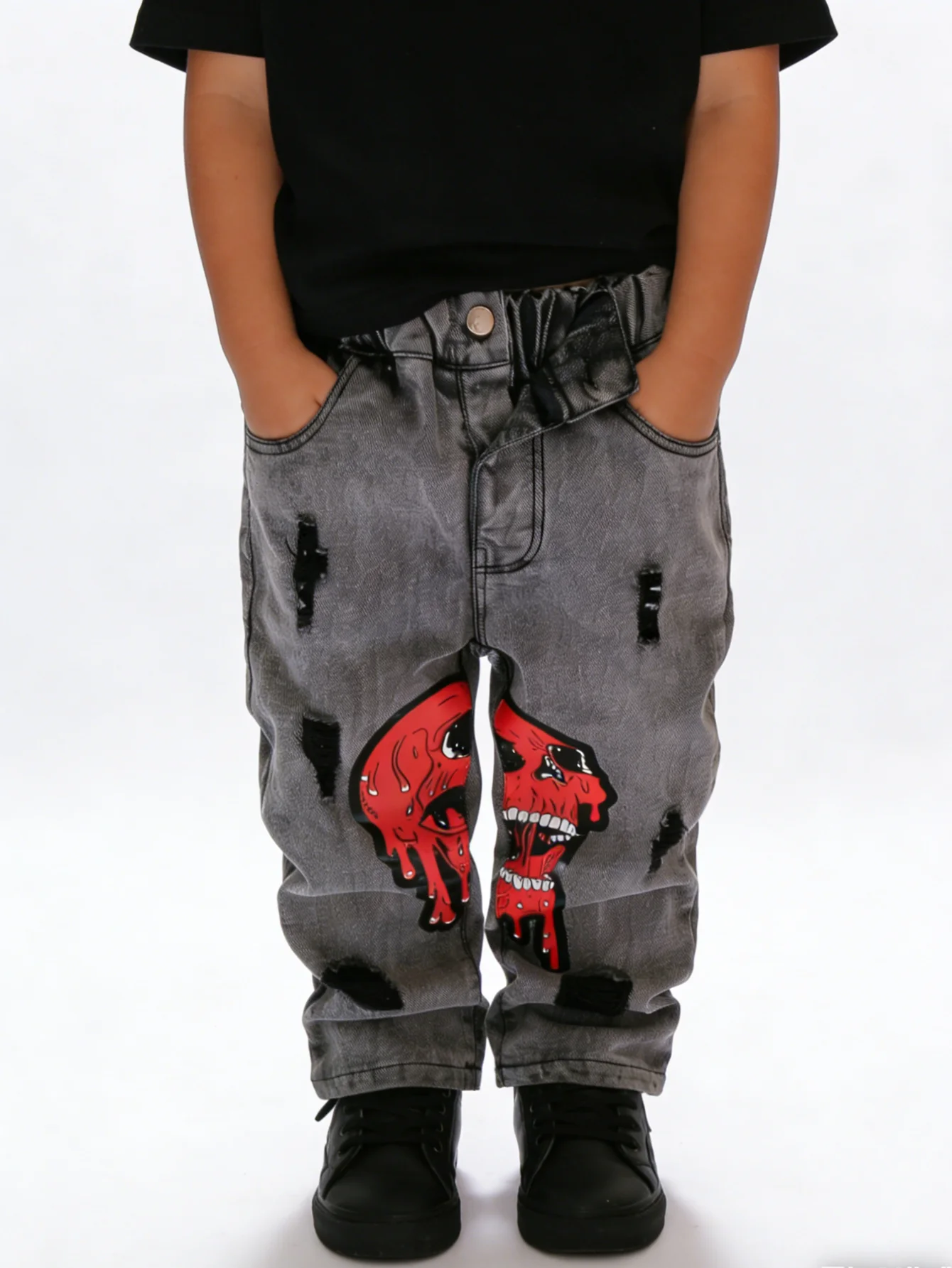  남아 해골 드립 프린트 데님 청바지, 신축성 있는 허리라인의 애시드 워싱 디스트레스드 청바지, 캐주얼 스트리트웨어 키즈 바지