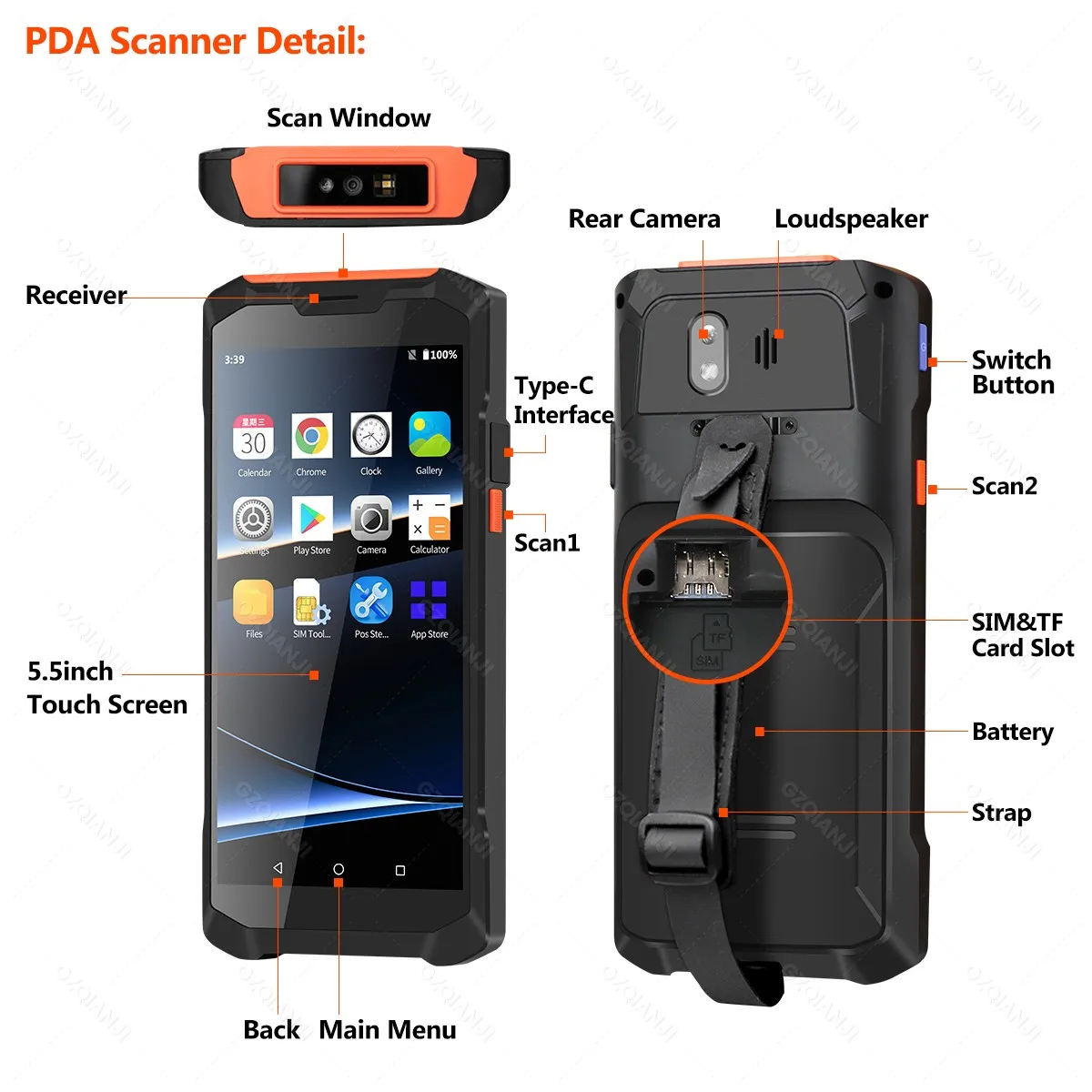 GZQIANJI 휴대용 러기드 PDA 1D 2D QR 바코드 리더, 4G WiFi BT POS 터미널 데이터 수집기, NFC 2024, 안드로이드 11, 4GB, 64GB