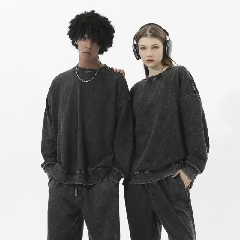 Oversize Top High Street Retro Solid Color Worn Looking Washed-out Men's and Women's Hip Hop Loose American round Neck Sweater