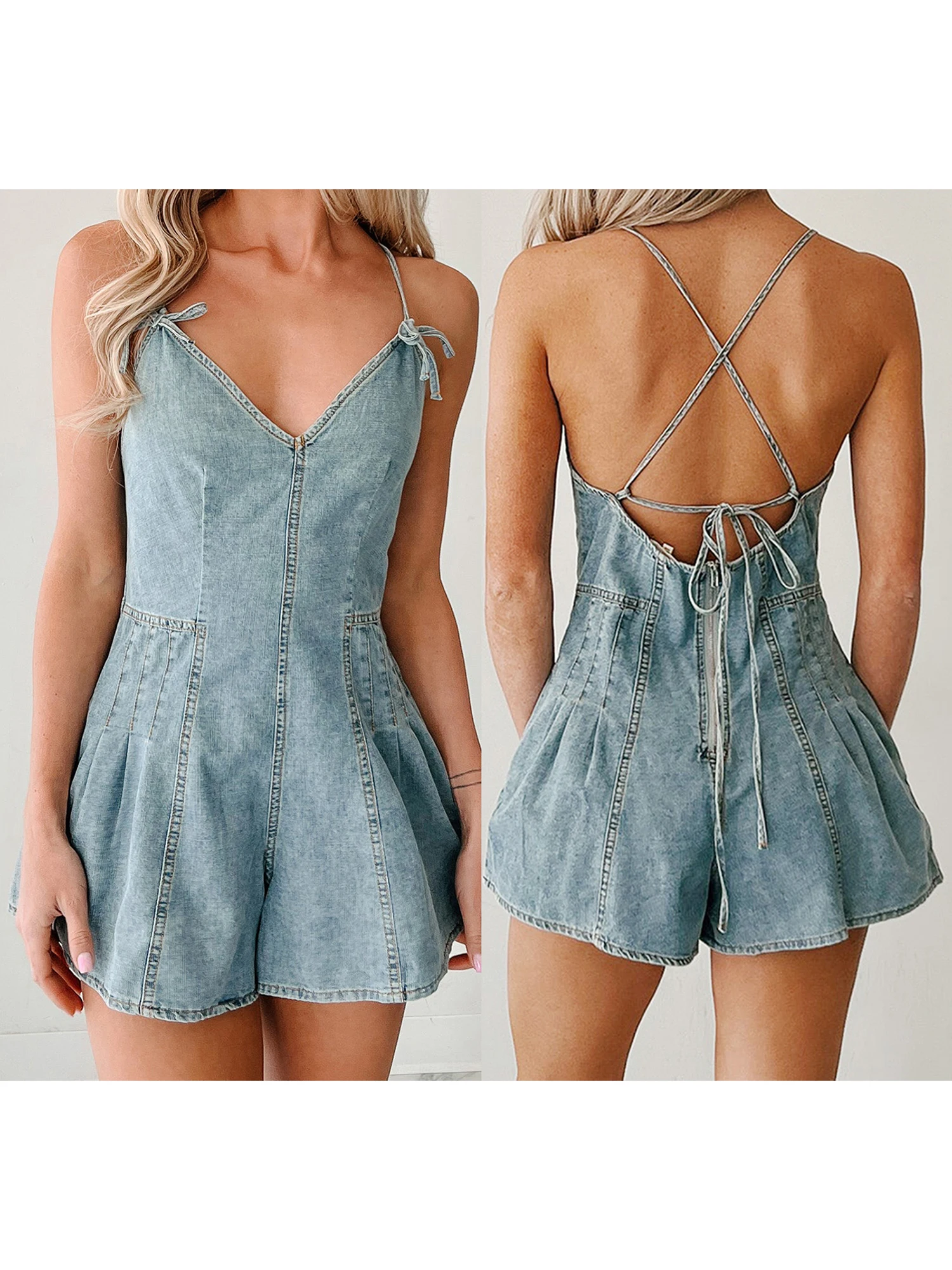 Women s Casual Sleeveless V Neck Wide Leg Jumpsuit Summer Spaghetti Strap Denim Romper Playsuit Beachwear Party Outfit