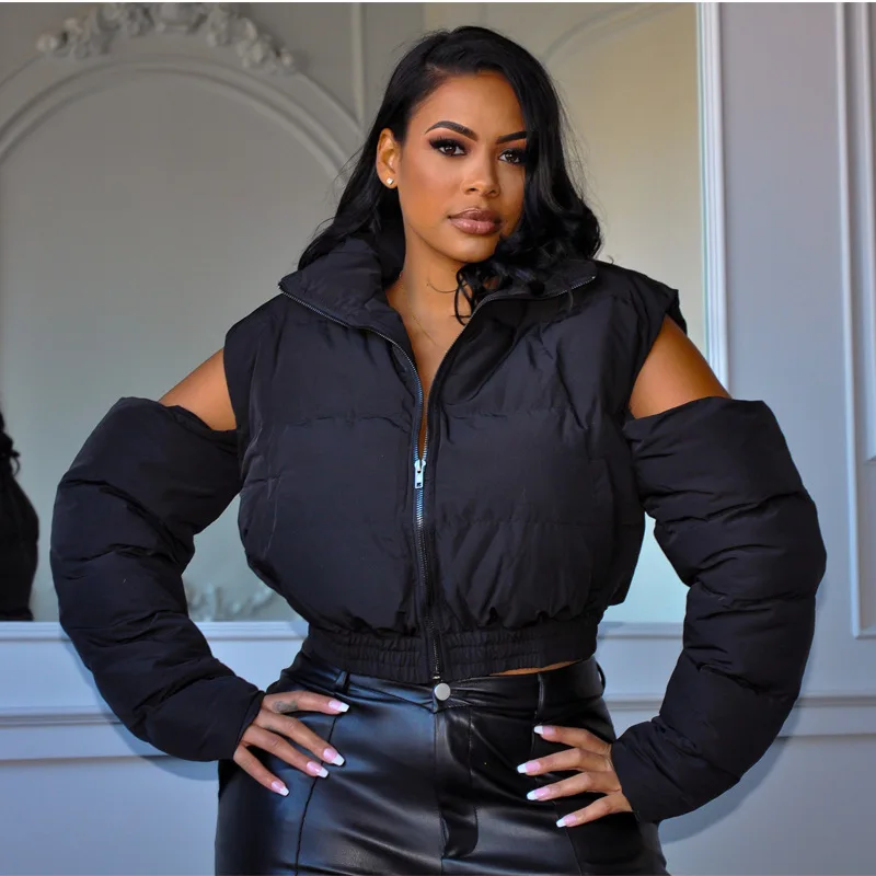 2022 Fashion Women Puffer Jacket Zipper Down Coat Lady Sexy Split Jackets Female Casual Streetwear Coat Wholesale