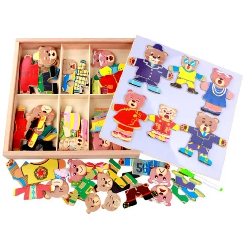 Little Bear Change Clothes Children's Early Education Wooden Jigsaw Puzzle Dressing Game Baby Puzzle Toys For Children Gift 4