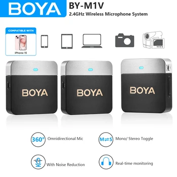 BOYA BY-M1V iPhone iOS용 무선 Lavalier 옷깃 마이크 Android DSLR 카메라 스마트폰 PC 컴퓨터 노트북 유튜브 녹음용 전문 콘덴서 마이크 라이브 스트리밍 Vlog 미니 마이크