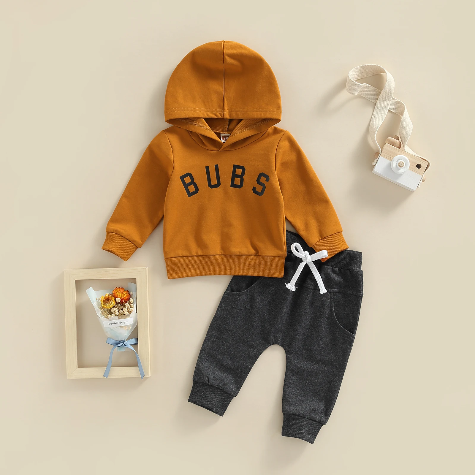 Citgeett Autumn Toddler Newborn Baby Girls Boys Outfits Letter Print Long Sleeve Hooded Pullover + Elastic Pockets Trousers