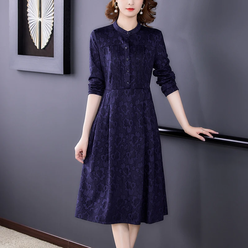 

2023 New Fashion Printed Dress Women's Autumn Retro Silk Bottom Knee Length Dress Korean Loose Tight Party Dress Vestidos