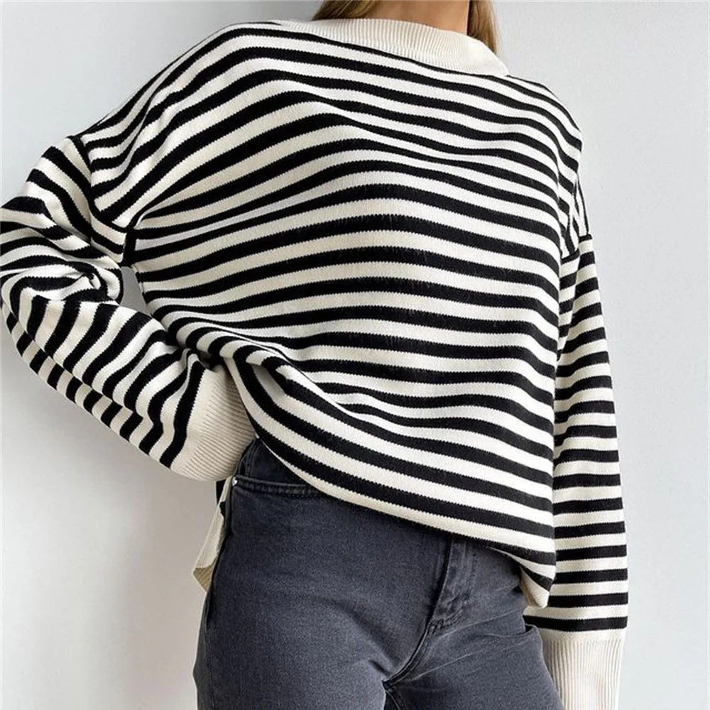 

O Neck Vintage Striped Sweater Pullovers For Women Casual Loose Long Sleeves Jumpers Autumn Female Drop Shoulder Kintting Tops