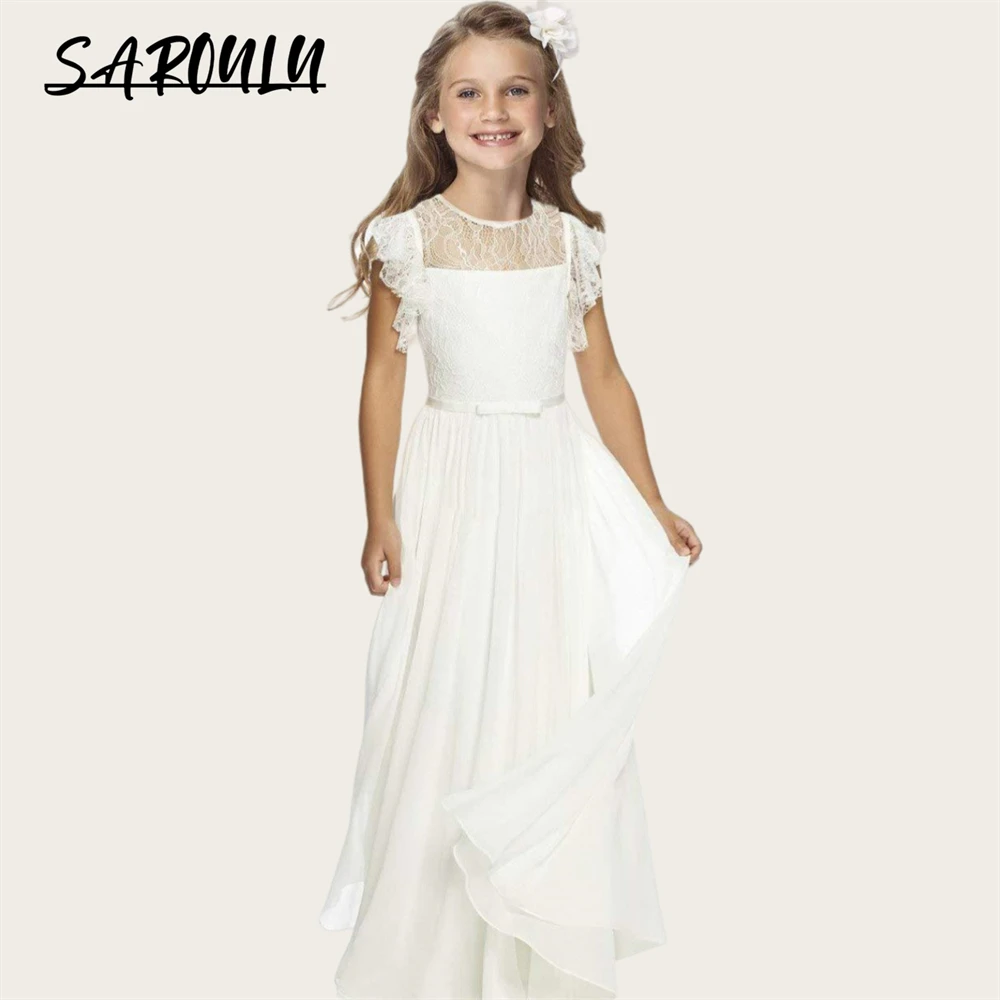 Cute Flare Sleeve Formal Dress For Girls Lace A Line Soft Chiffon Dresses For Girls Flower Girl Dress For Wedding Birthday