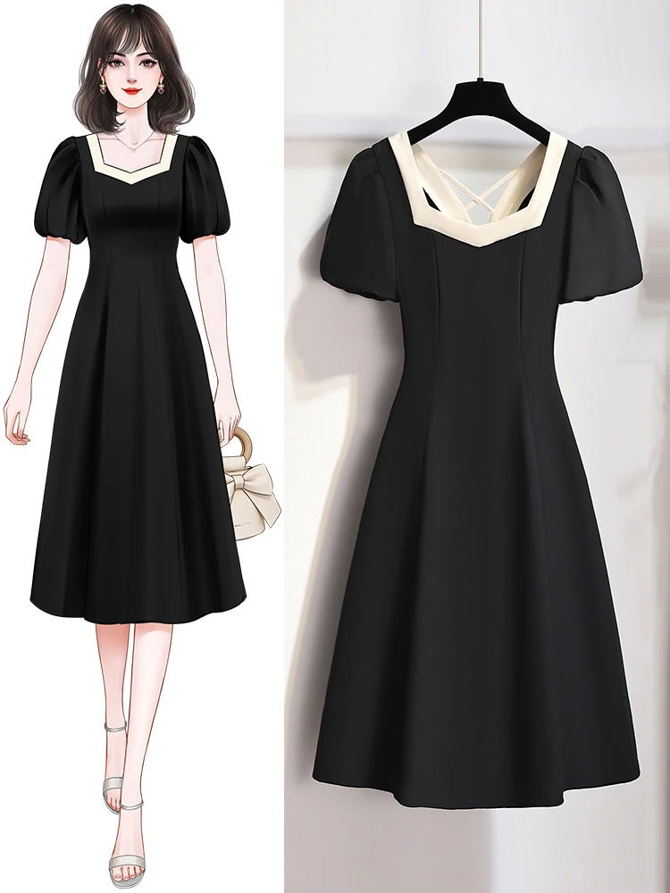 

Black Hepburn-style high-end dress women's summer new temperament French square neck little black dress