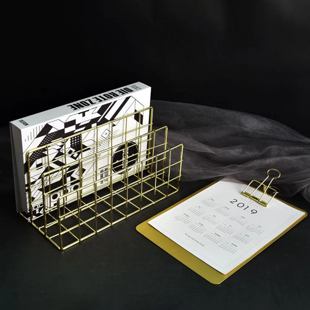 Office Table Storage Holder Simple Wrought Iron Newspaper Rack Rose Gold Shelf Bookstand Book End Gold Metal Magazine Organizer