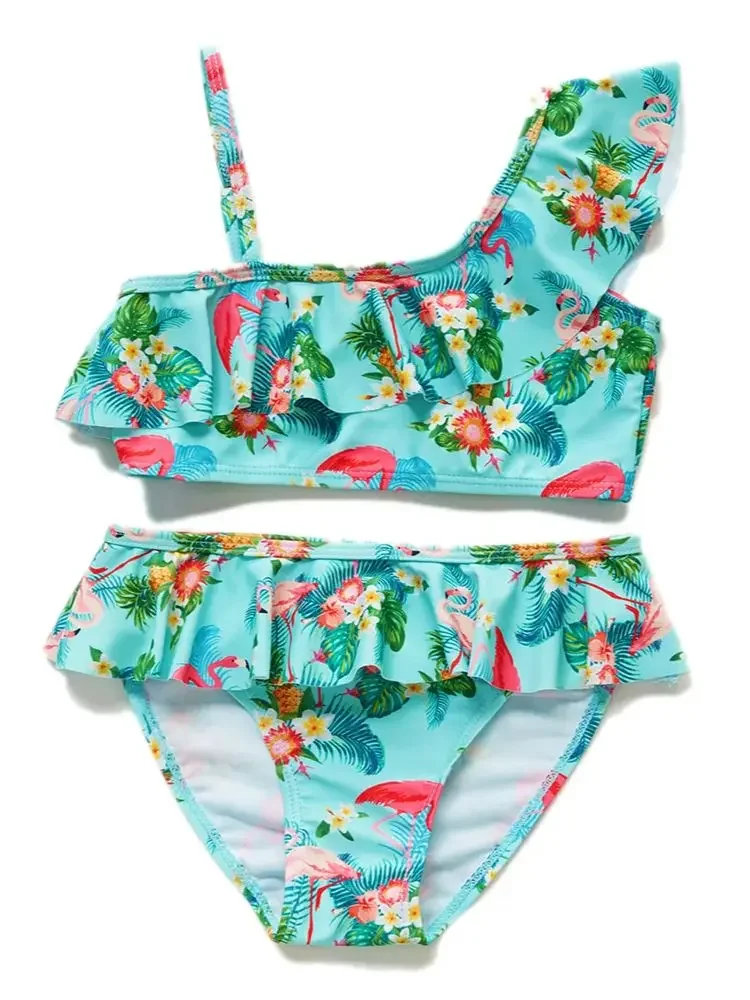 Cute Summer Swimsuit Set for Girls 5-10Y Kids Swimwear Printed Top Ruffled Shorts Bikini One Shoulder