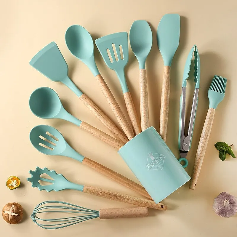 Set Kit C/12 Piezas Utensilios de Cocina Cucharas Espátula Mango Silicona  Decoración Madera Libre de BPA Deng Xun unisex