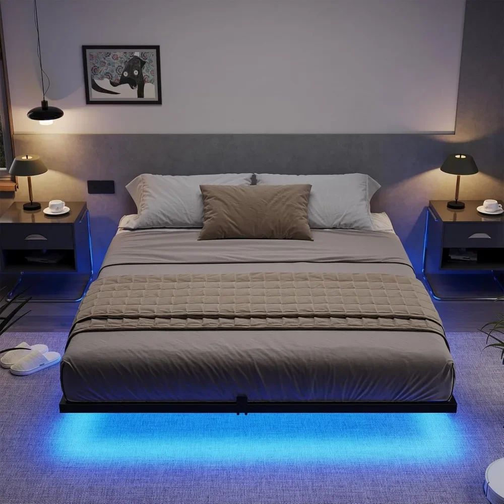 Queen Bed Frame with LED Lights, Metal Platform Bed with Heavy Duty Steel Slats and 4 Mattress Slide Stopper,Floating Bed Frame 6